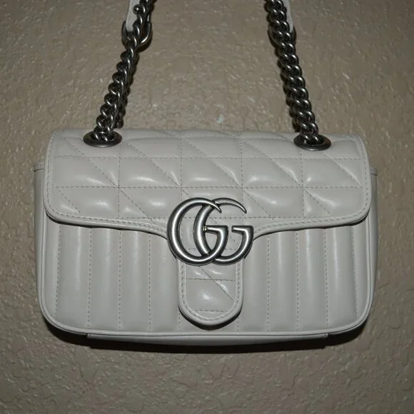 New Gucci GG Ivory Marmont Chevron Matelasse Silver Chain Shoulder Bag - Picture 2 of 13